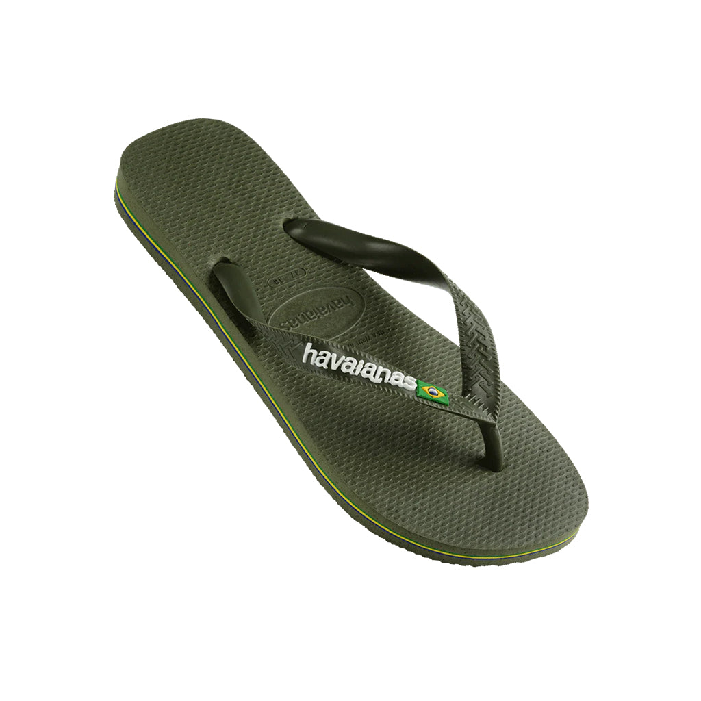 Angled view of green olive Havaianas Brazil Thongs displaying the logo on the strap.