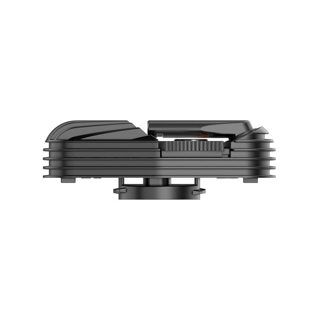Side view of the Storz & Bickel Mighty Cooling Unit with the mouthpiece in a flat, closed position.