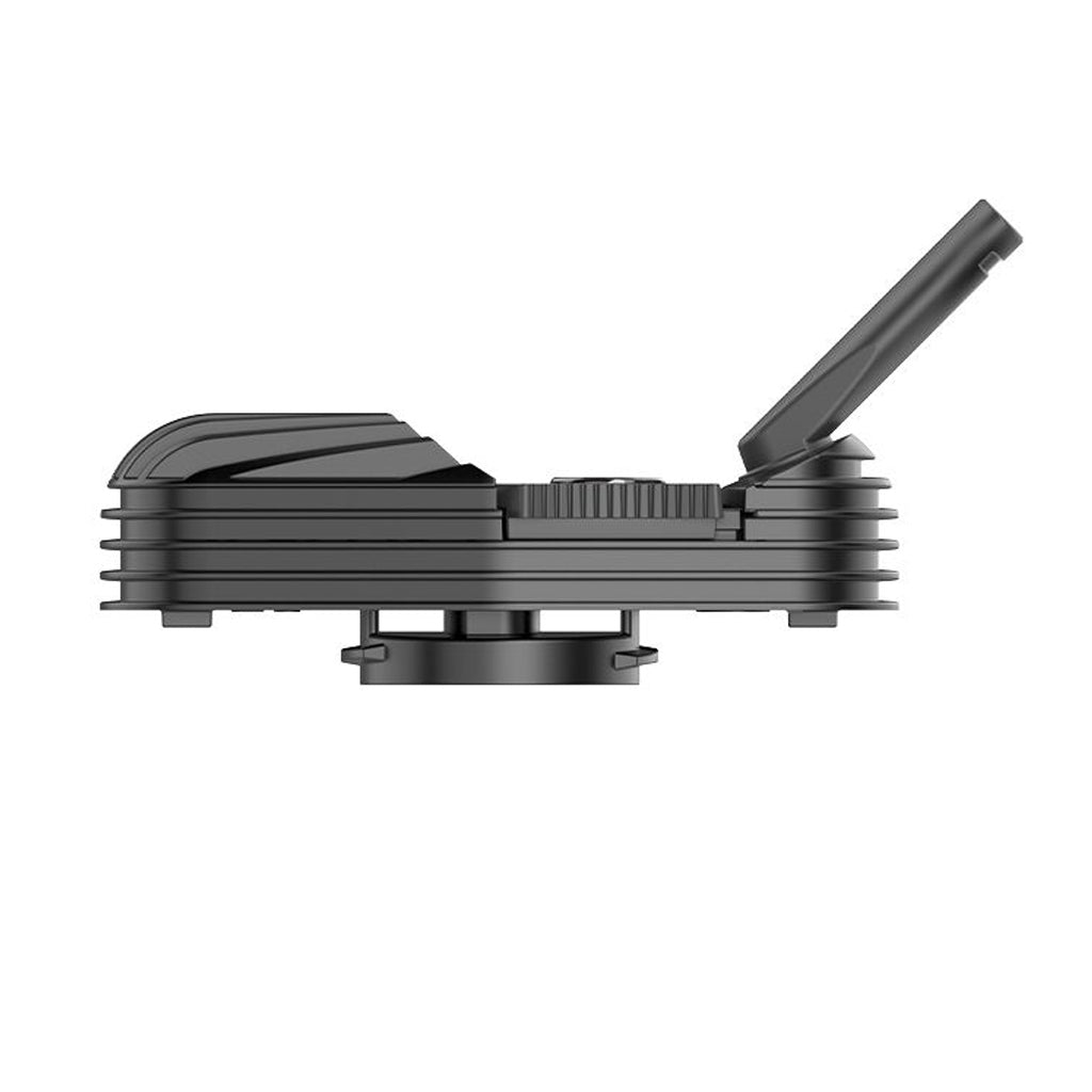 Side profile of the Storz & Bickel Mighty Cooling Unit with the mouthpiece raised and airflow channel visible.