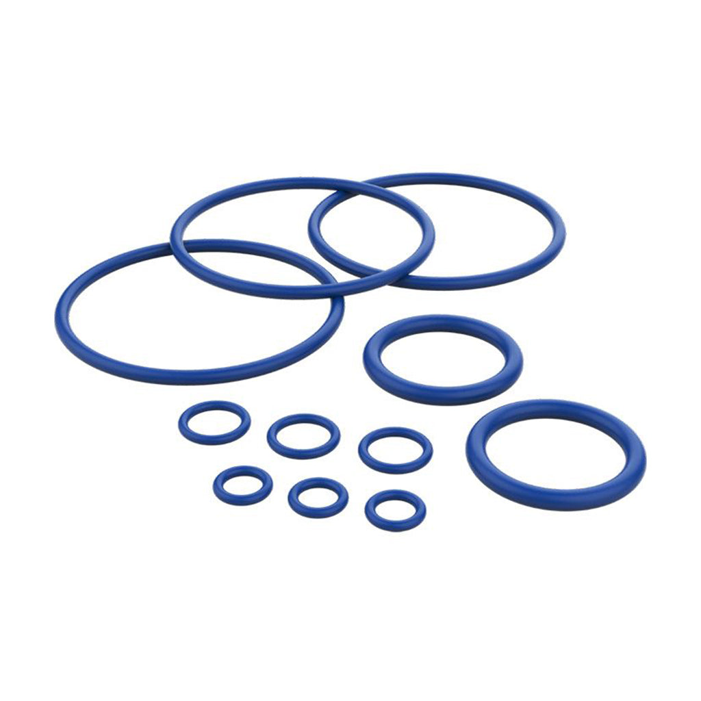 Assorted blue seal rings in multiple sizes shown from an angled perspective, part of the Storz & Bickel Seal Ring Set.