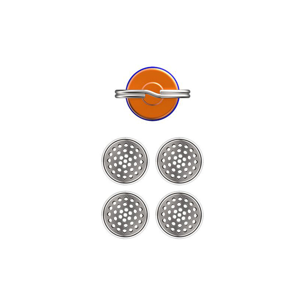 Top view of a Storz & Bickel capsule caddy with four stainless steel dosing capsules arranged below it. Capsules are sold separately.