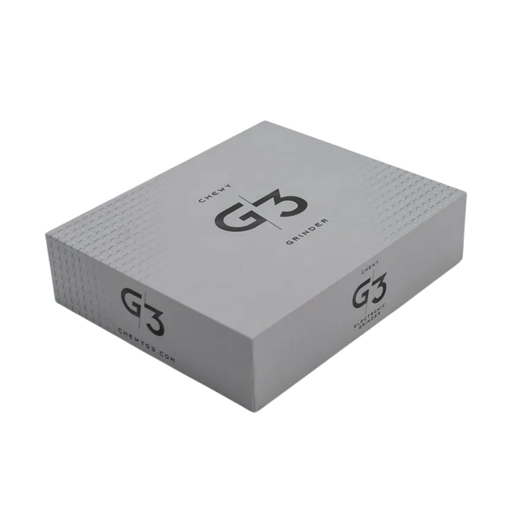 Chewy G3 Deluxe Electronic Grinder grey packaging box in angled view