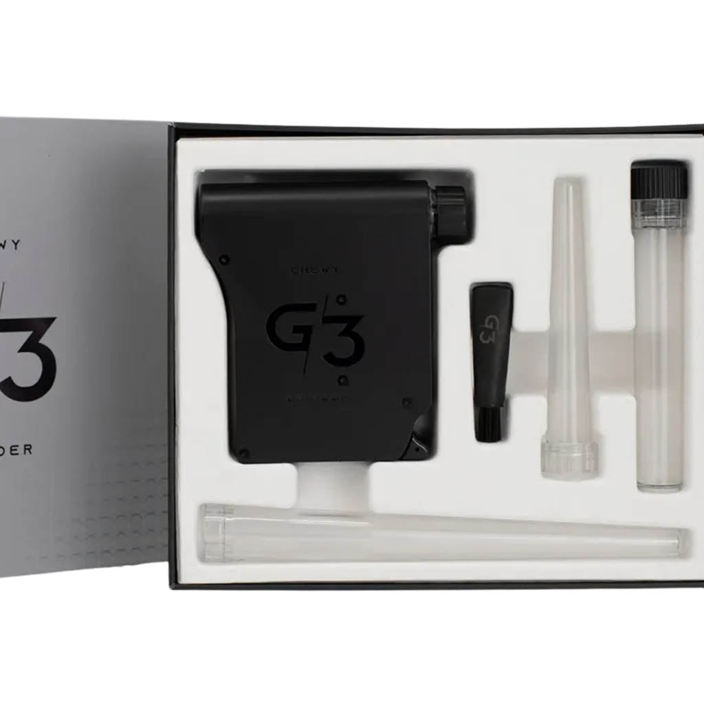 Chewy G3 Deluxe Electronic Grinder box set with grinder, stash tube, cones, and brush