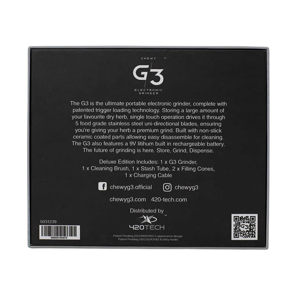 Chewy G3 Deluxe Electronic Grinder product box back with features and package contents description