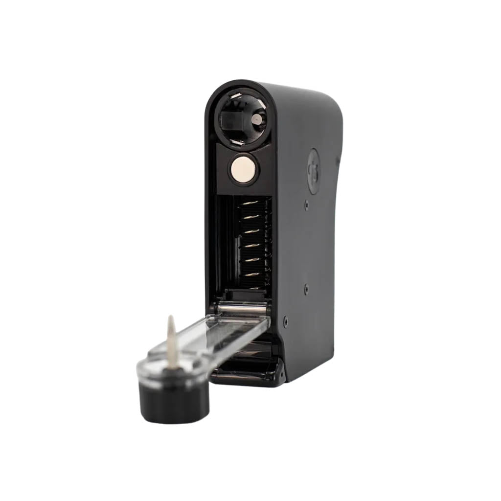 Open Chewy G3 Deluxe Electronic Grinder showing the internal herb chamber, grinder teeth, and extended dispensing tray.