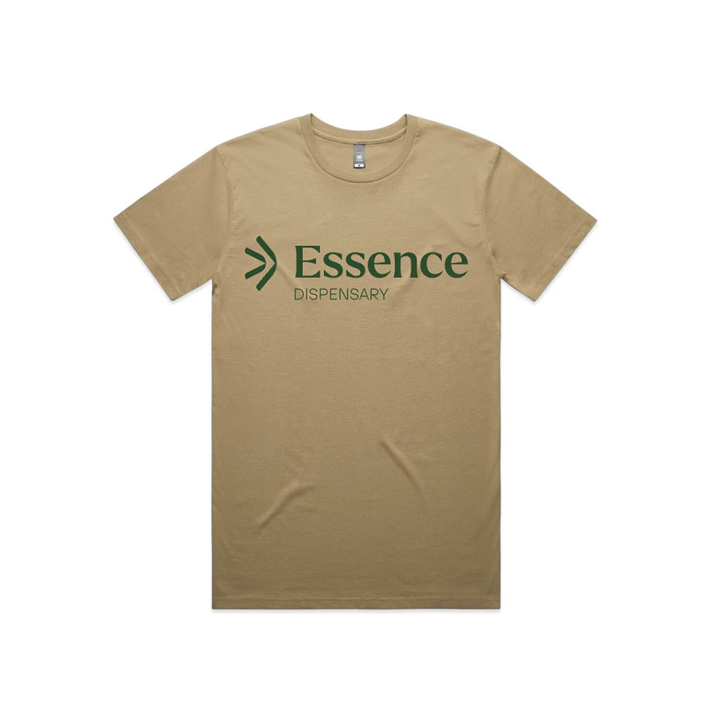Front view – Essence Branded T-shirt in sand colour featuring Essence Dispensary text and logo