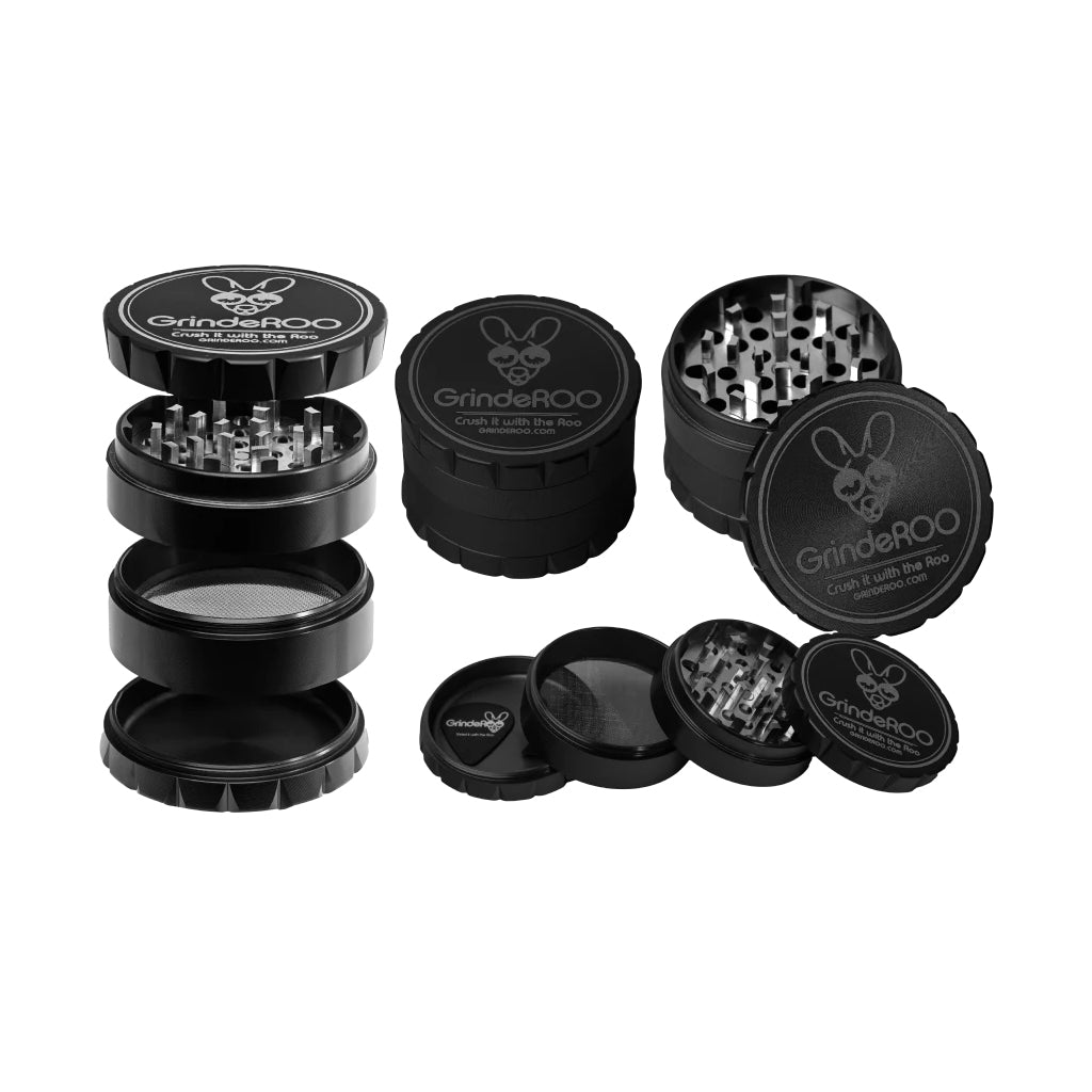Multiple views of the GrindeROO OG 4-piece herb grinder in black, showing the aluminium build, sharp grinding teeth, pollen screen, and guitar-pick scraper.