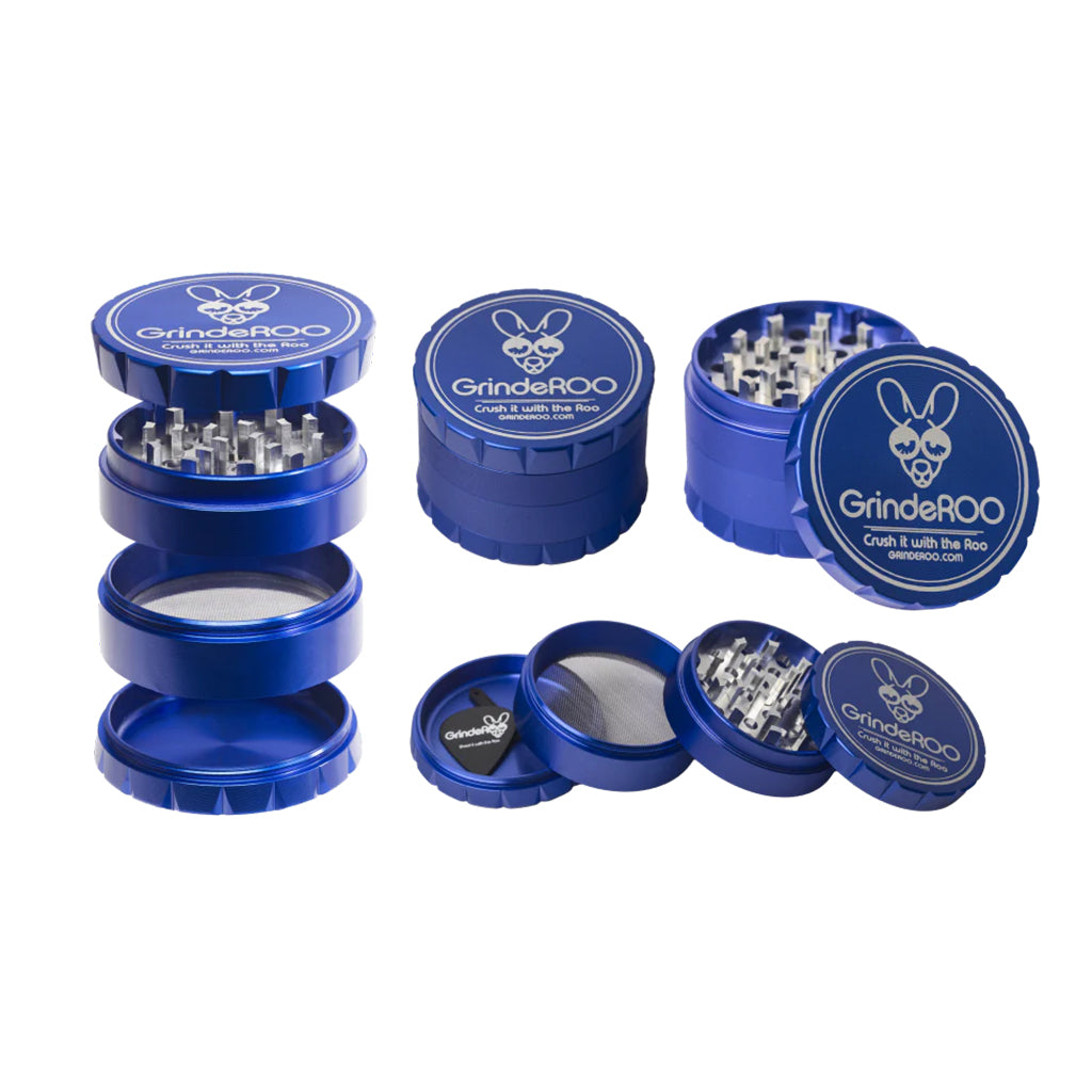 Multiple views of the GrindeROO OG 4-piece herb grinder in blue, showing the aluminium build, sharp grinding teeth, pollen screen, and guitar-pick scraper.