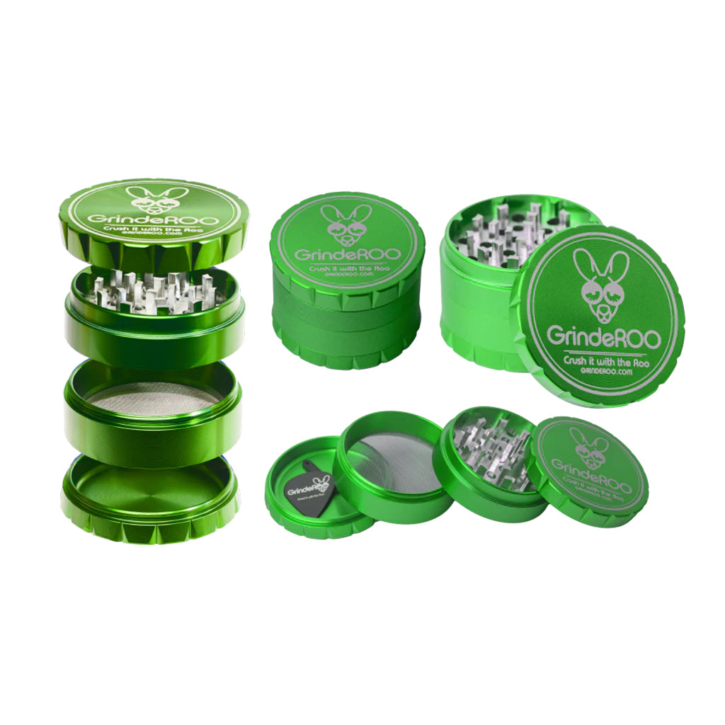 Multiple views of the GrindeROO OG 4-piece herb grinder in green, showing the aluminium build, sharp grinding teeth, pollen screen, and guitar-pick scraper.