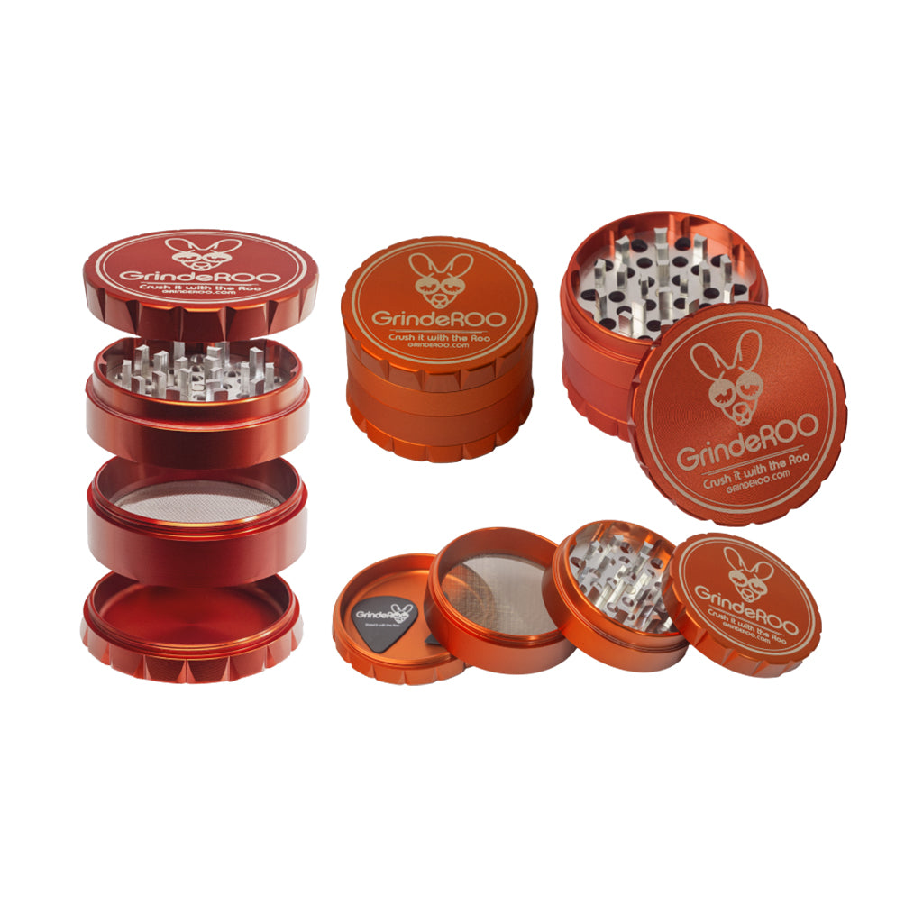 Multiple views of the GrindeROO OG 4-piece herb grinder in orange, showing the aluminium build, sharp grinding teeth, pollen screen, and guitar-pick scraper.