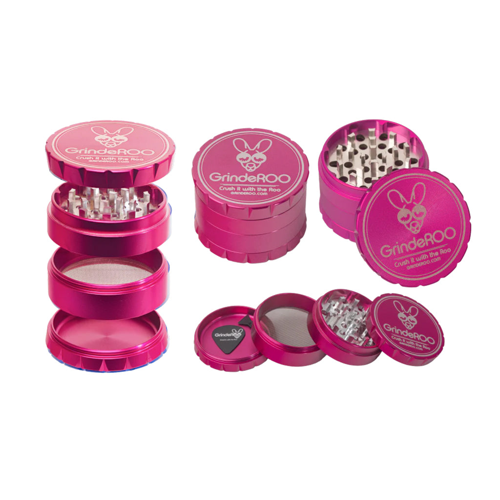 Multiple views of the GrindeROO OG 4-piece herb grinder in pink, showing the aluminium build, sharp grinding teeth, pollen screen, and guitar-pick scraper.