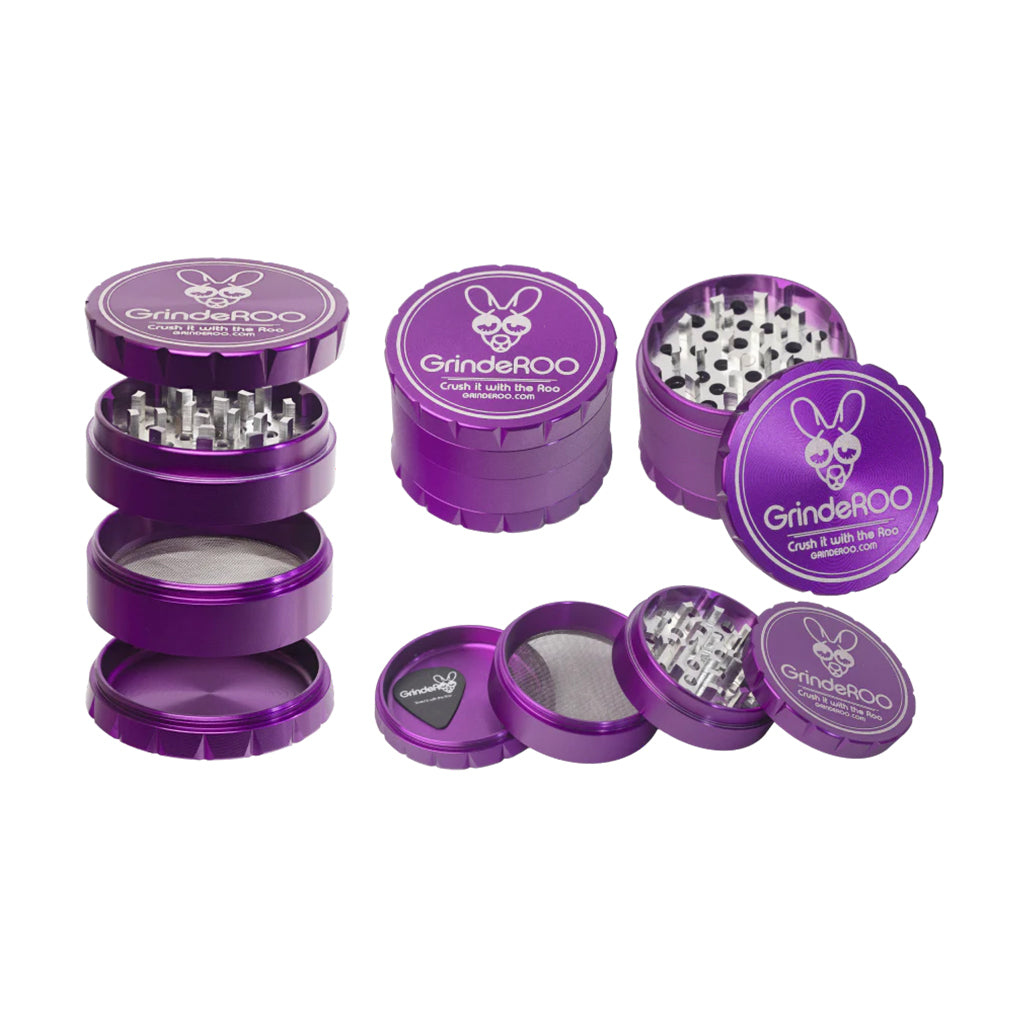 Multiple views of the GrindeROO OG 4-piece herb grinder in purple, showing the aluminium build, sharp grinding teeth, pollen screen, and guitar-pick scraper.