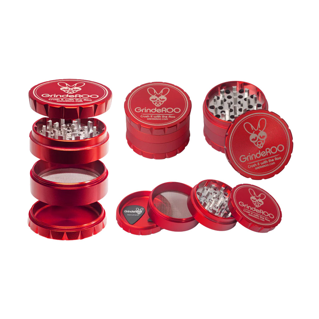 Multiple views of the GrindeROO OG 4-piece herb grinder in red, showing the aluminium build, sharp grinding teeth, pollen screen, and guitar-pick scraper.