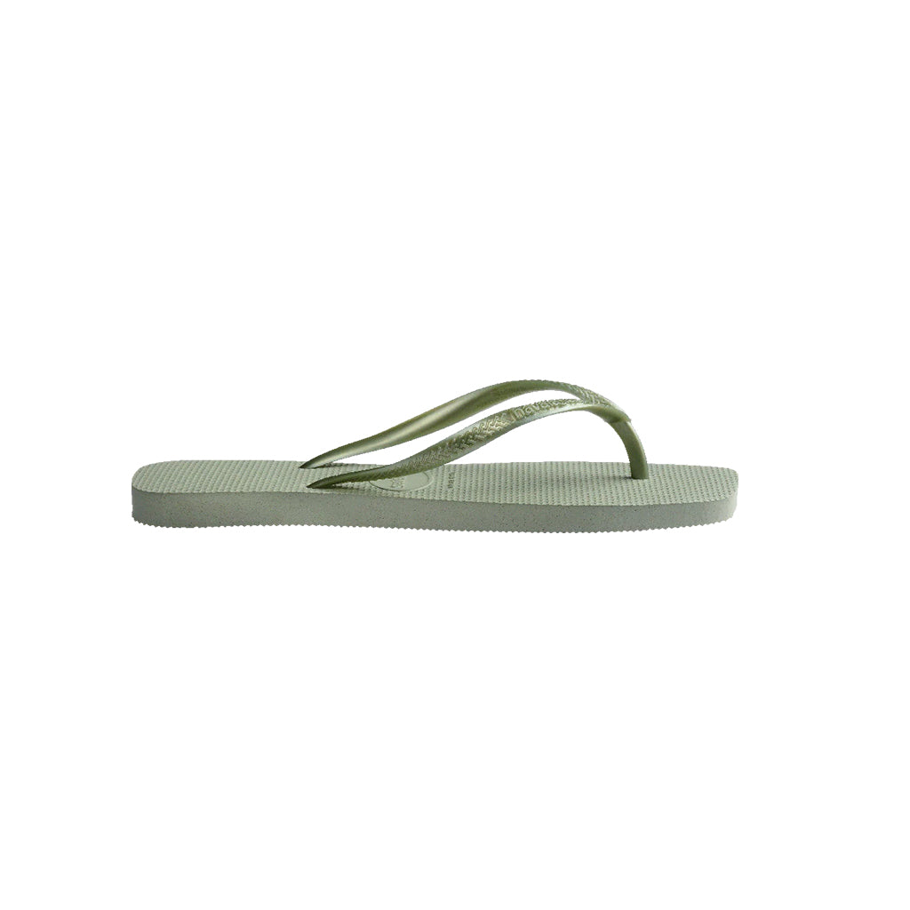 Side view of green Havaianas Slim Square Toe Thongs showing the textured sole and strap.