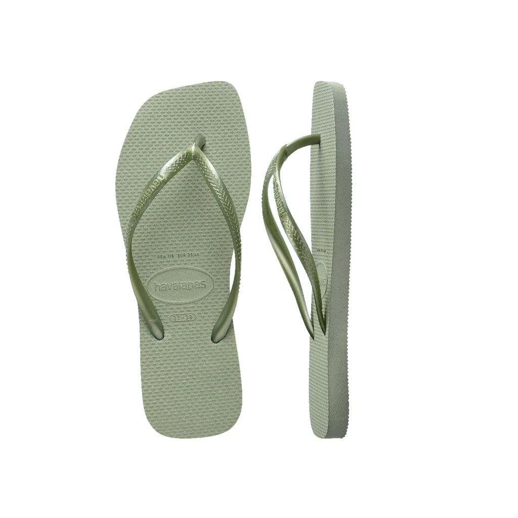 Top view of a pair of green Havaianas Slim Square Toe Thongs showing the classic rubber straps and textured footbed.