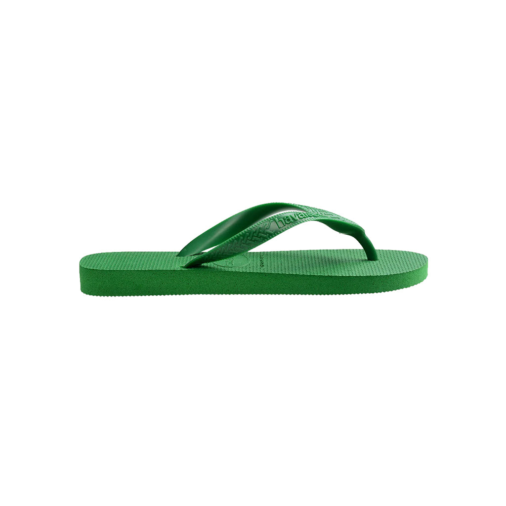 Side view of green Havaianas Top Thongs showing the textured sole and strap.
