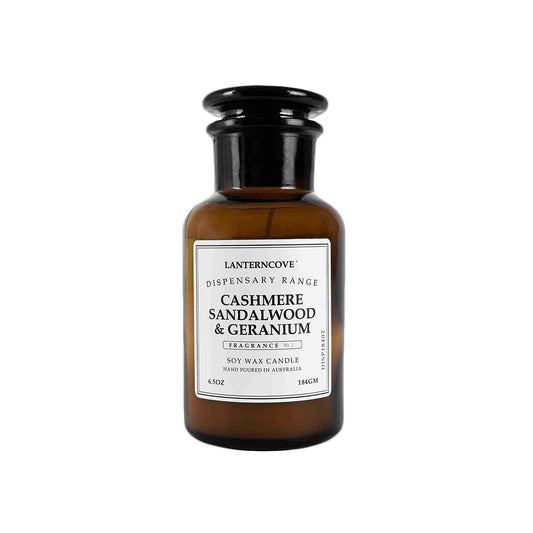 Lanterncove Dispensary Candle 6.5oz  Cashmere Sandalwood & Geranium bottle
