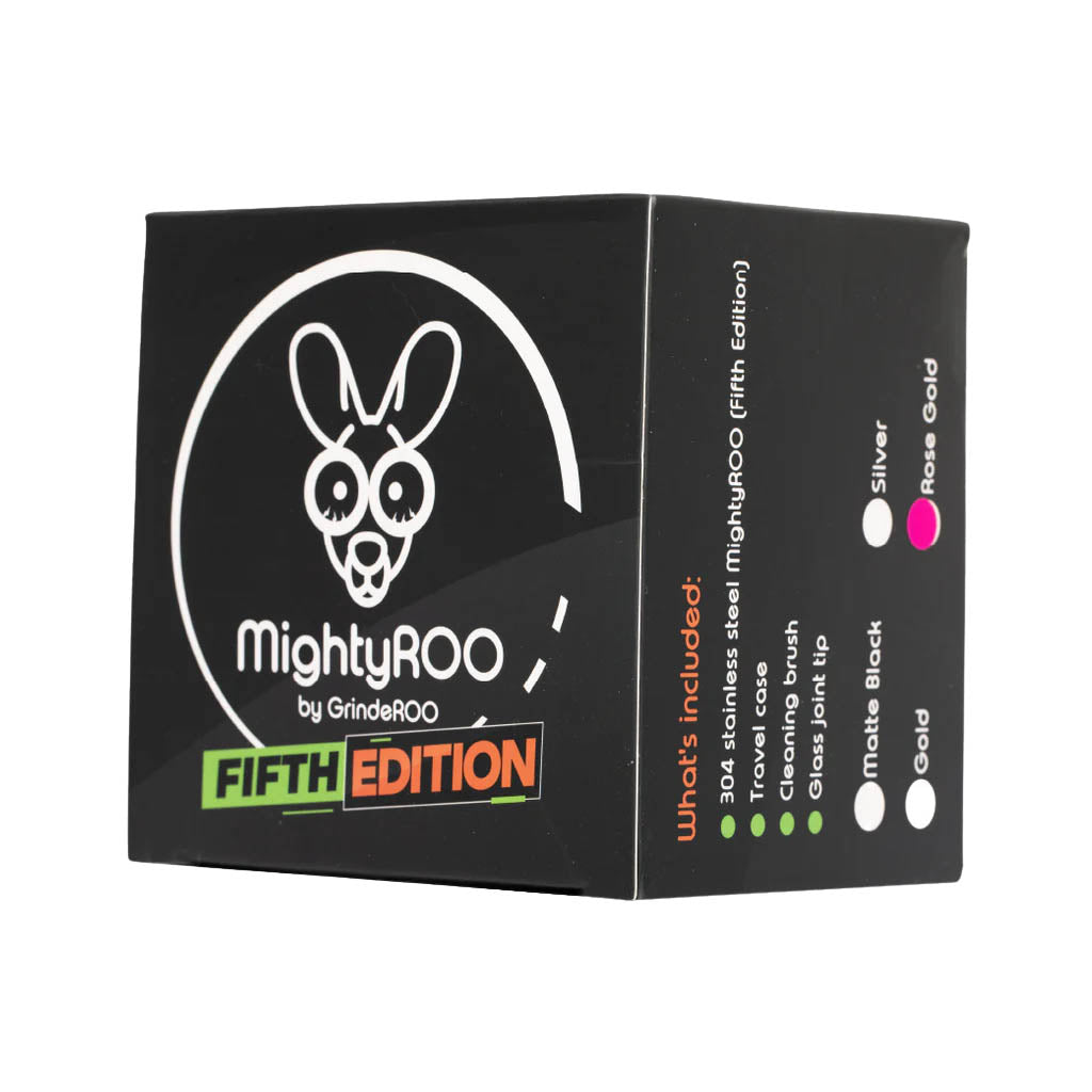 Retail box of the MightyROO Fifth Edition Stainless Steel Grinder by GrindeROO, displaying product details and color options.