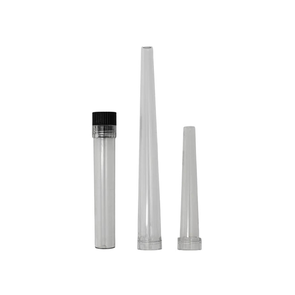 Three transparent plastic tubes of varying heights and widths, including one with a black screw-on cap, designed for use with the Chewy G3 Deluxe Electronic Grinder.