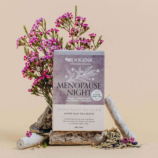 Roogenic Menopause Night Native Plant Elixir - 18 Tea Bag product packaging