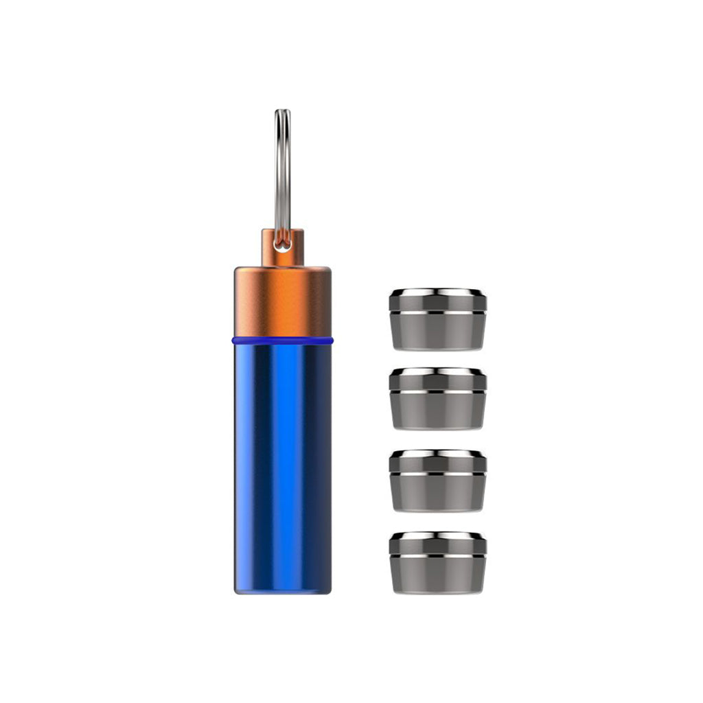 Back view of a Storz & Bickel capsule caddy with four stainless steel dosing capsules. Capsules are sold separately.