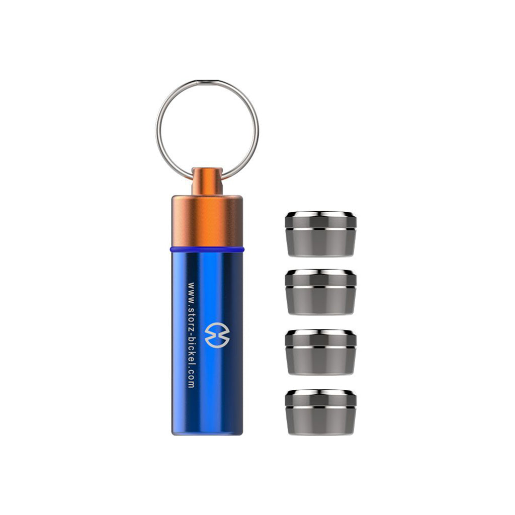 Front view of a Storz & Bickel capsule caddy with four stainless steel dosing capsules. Capsules are sold separately.
