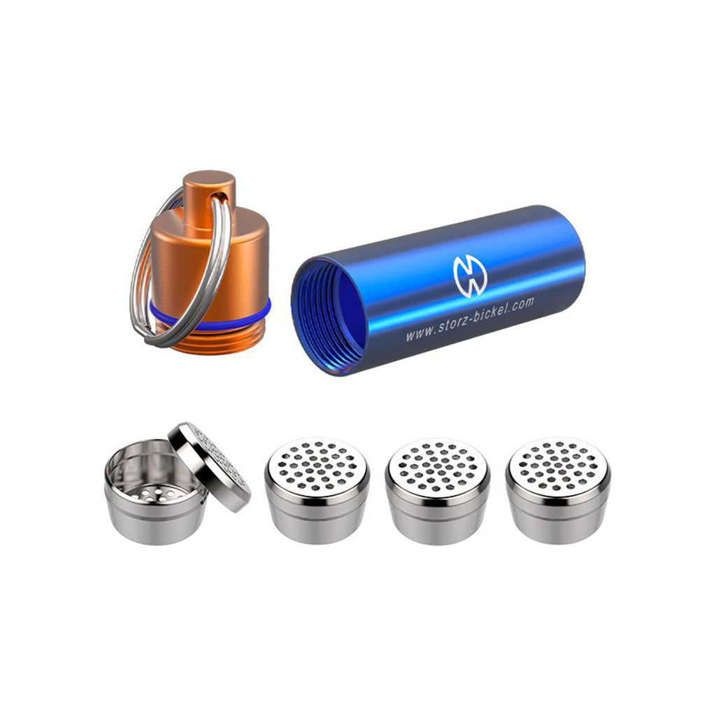 Storz & Bickel capsule caddy with four stainless steel dosing capsules. Capsules are sold separately