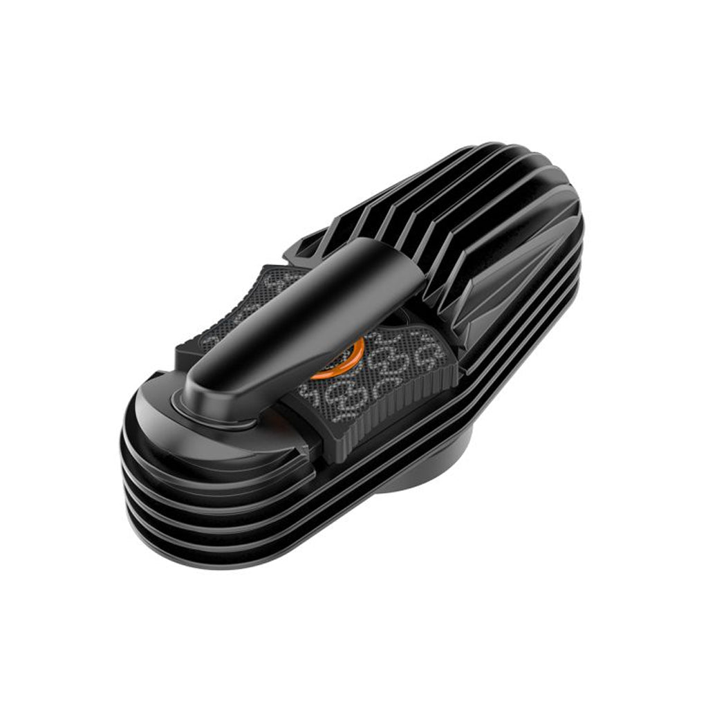 Angled view of the Storz & Bickel Mighty Cooling Unit featuring the mouthpiece and cooling fins.