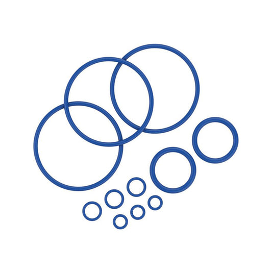 Top-down view of the Storz & Bickel Seal Ring Set featuring a variety of blue seal rings in different sizes.